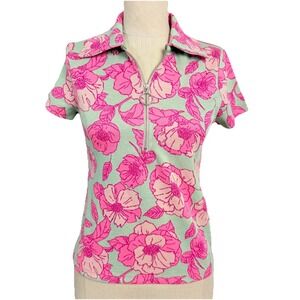 NEW Maeve Anthropologie Floral Zip Top Pink Green Short Sleeve Knit XS Preppy
